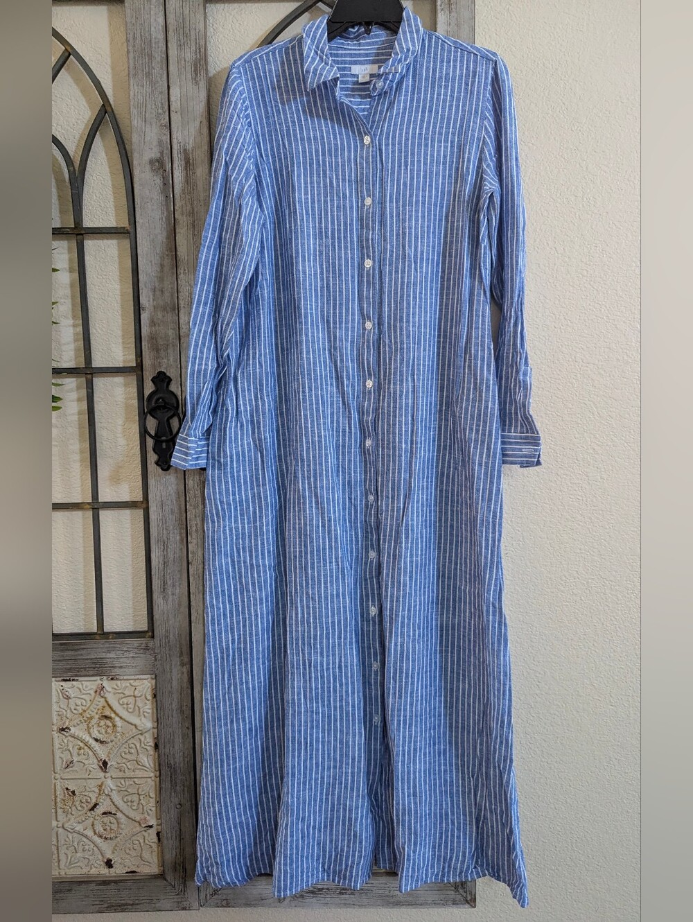 J. Jill Linen & Lyocell Blue & White Striped Long Sleeve Shirt Dress M Tall